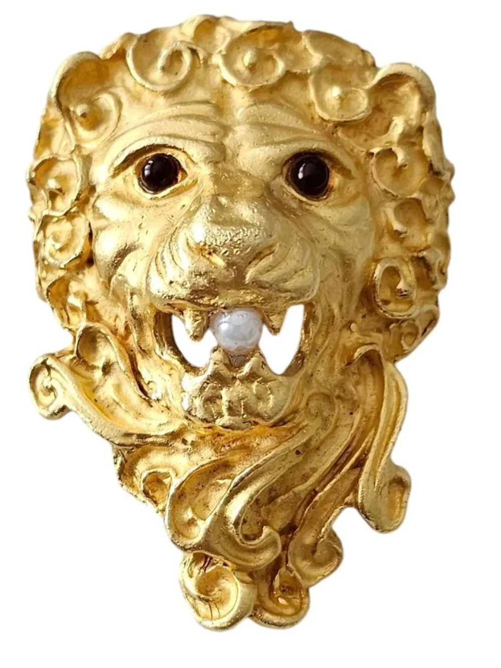 Lion Brooch Gold Tone, Red Glass Eyes, Faux Pearl, Pendant Pin L467